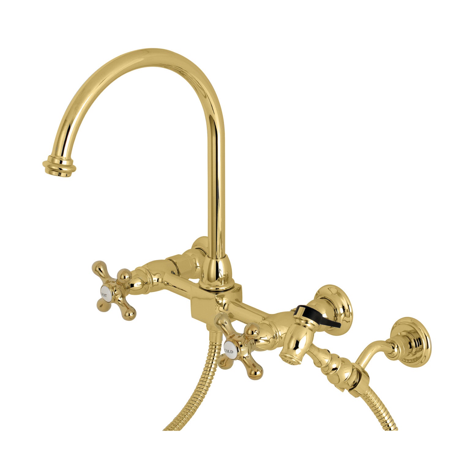 Kingston Tulare KS1292AXBS - Robinet de cuisine à deux poignées 3 trous Wall Mount Bridge avec pulvérisateur en laiton, laiton poli