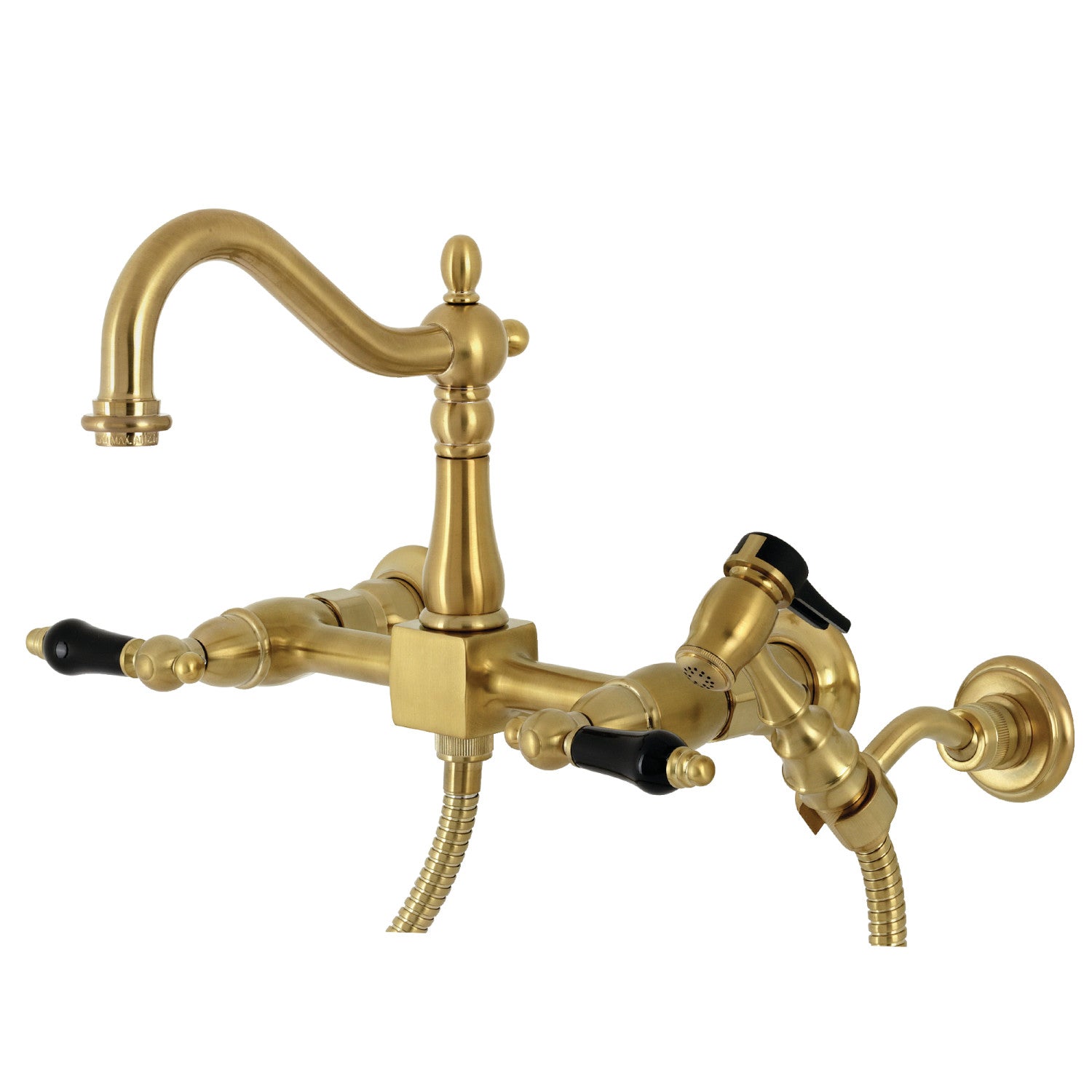 Kingston Heirloom KS1267PKLBS - Robinet de cuisine à deux poignées 3 trous Wall Mount Bridge avec pulvérisateur en laiton, laiton brossé