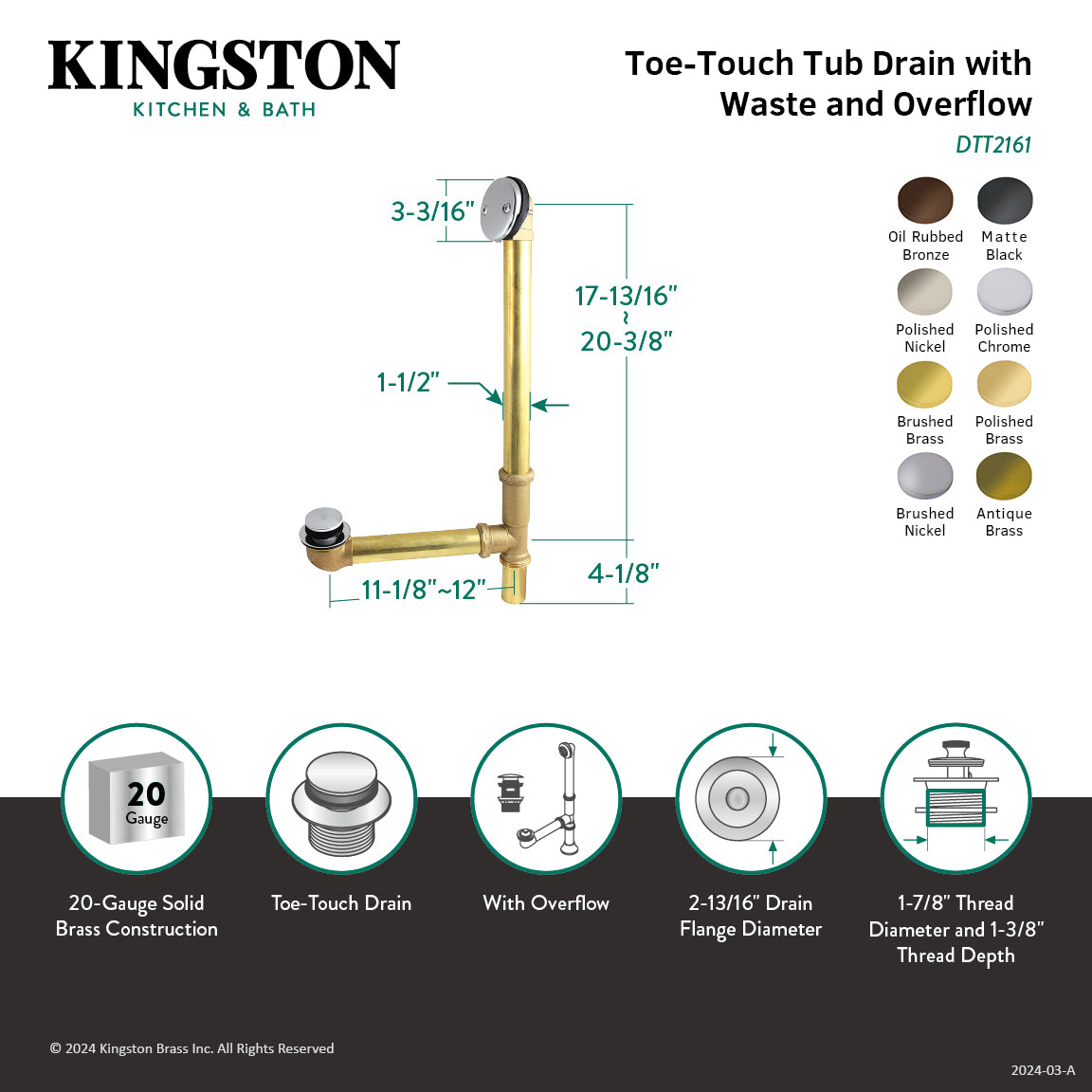 Kingston Tulare DTT2161 - Made To Match 21-Inch Brass Toe Touch Tub Waste and Overflow, Polished Chrome