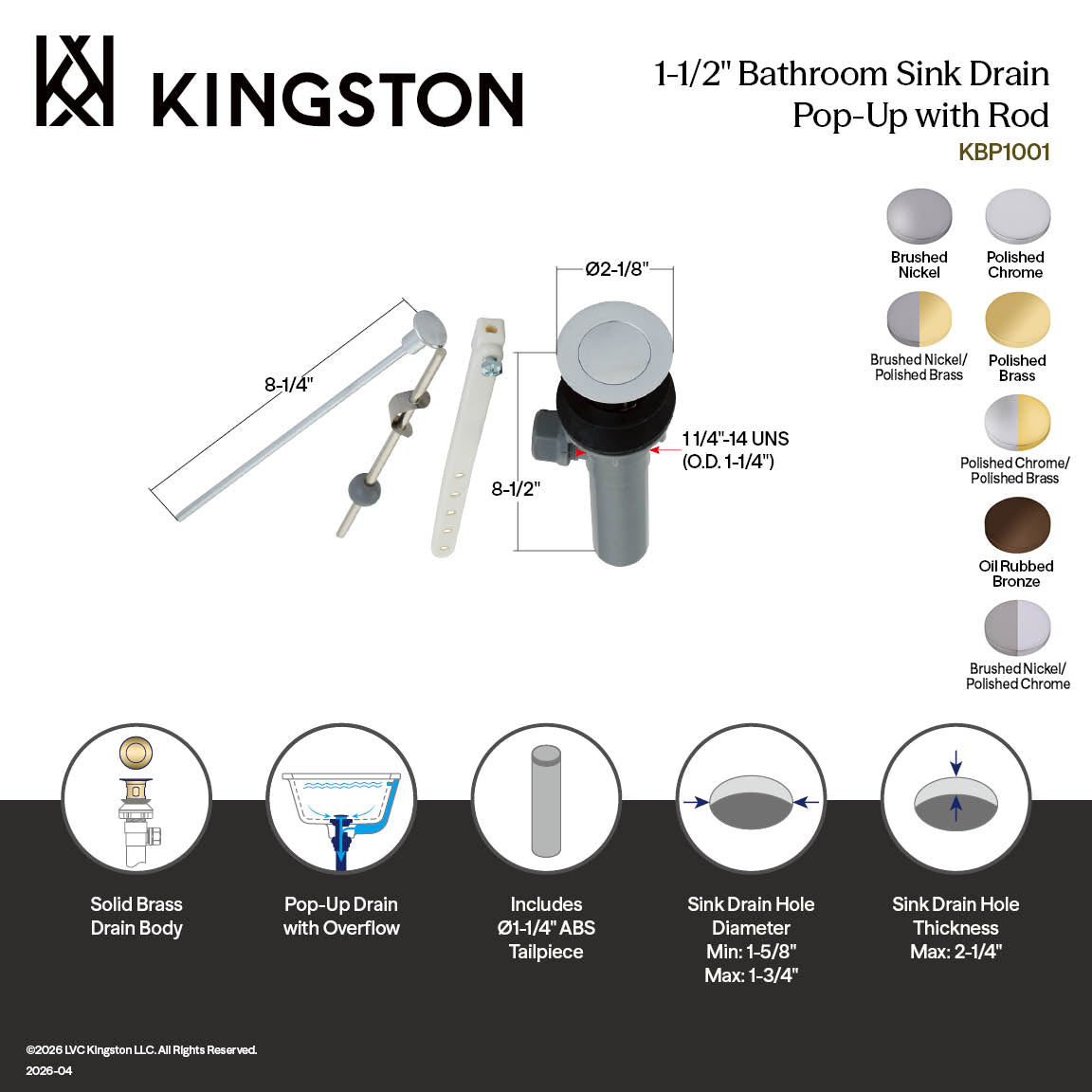 Kingston KBP1008 Plastic Pop-Up Bathroom Sink Drain with Overflow, Brushed Nickel