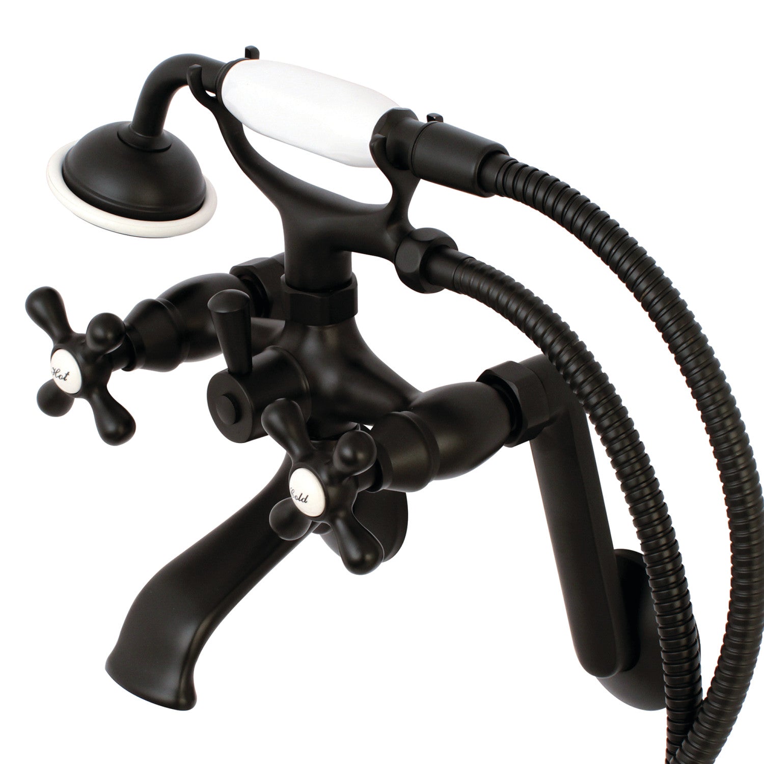 Kingston Heirloom KS269ORB - Kingston Three-Handle 2-Hole Tub Wall Mount Clawfoot Tub Faucet with Hand Shower, Oil Rubbed Bronze