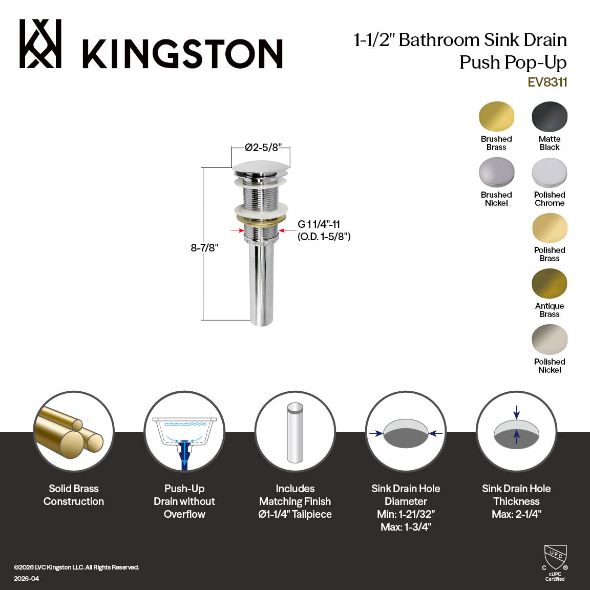 Kingston Sona EV8313 - Coronet Brass Push Pop-Up Bathroom Sink Drain, Antique Brass