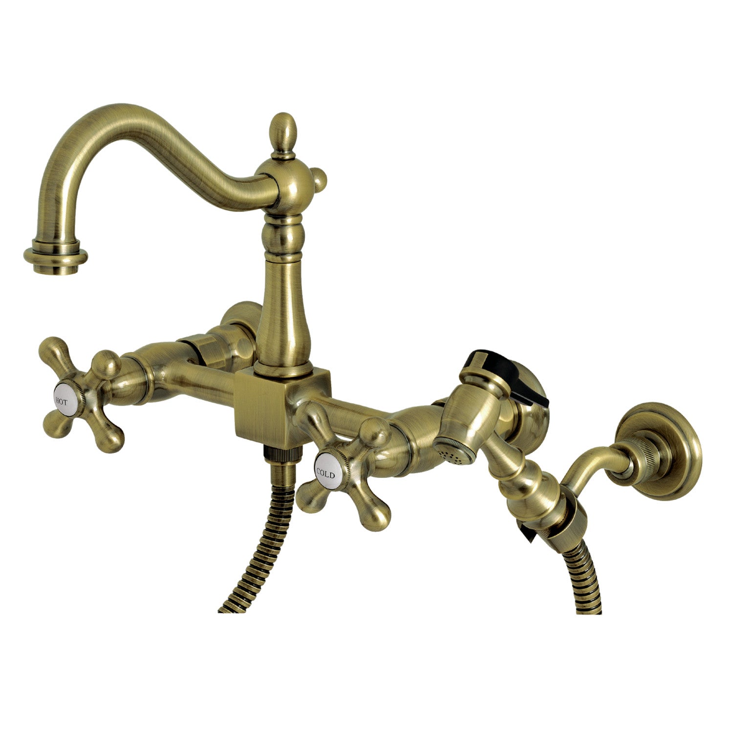 Kingston Heirloom KS1263AXBS - Robinet de cuisine à double poignée Heritage 3 trous Wall Mount Bridge avec pulvérisateur en laiton, laiton antique